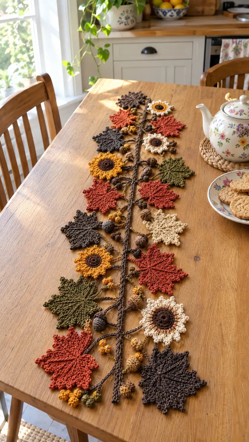 Autumn Leaves & Sunflower Table Garland Pattern crochet pattern - detailed view of completed project