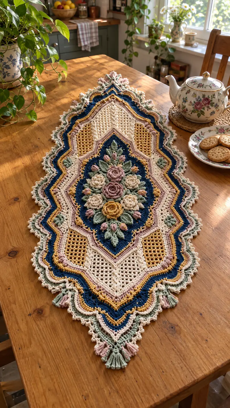 Vintage Floral Table Runner Pattern crochet pattern - detailed view of completed project