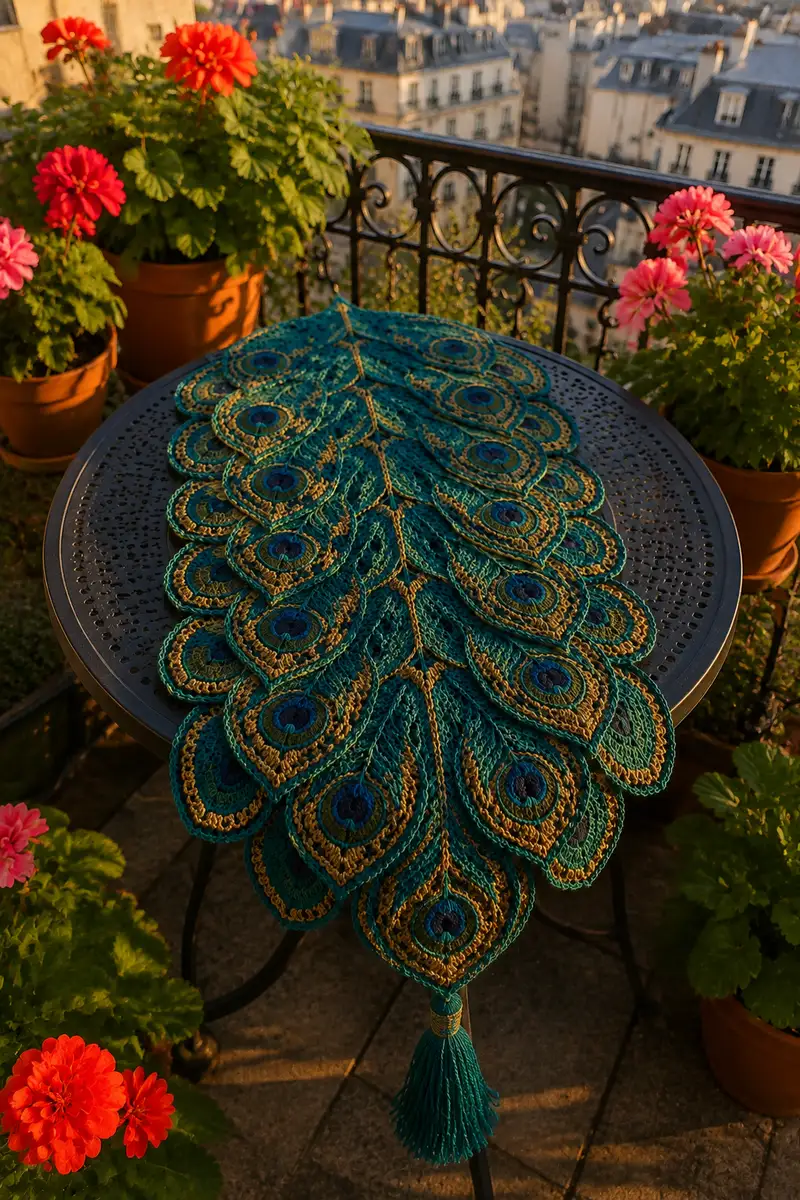 Gilded Peacock Feather Table Runner in Teal and Gold Pattern crochet pattern - detailed view of completed project