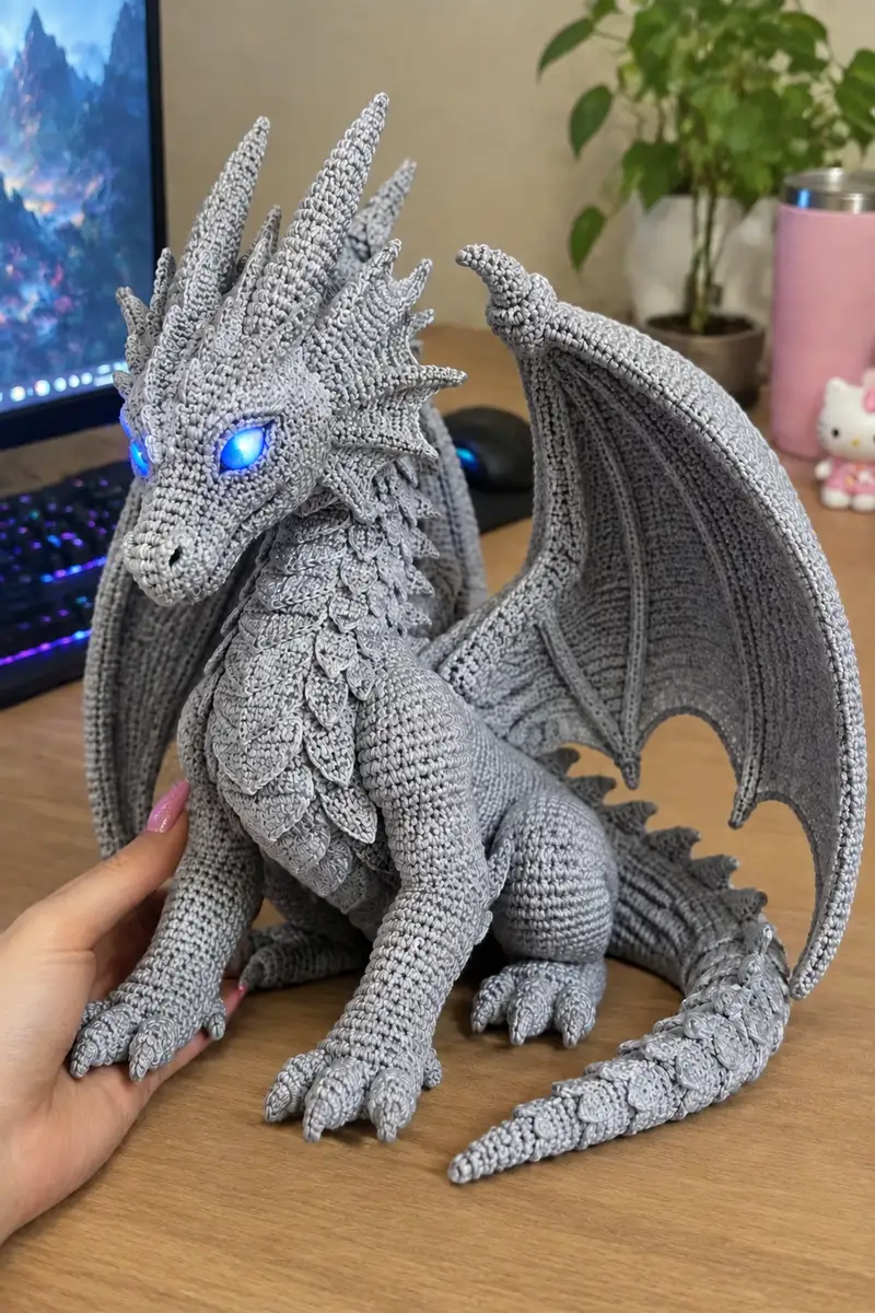 Giant Silver Moonlight Dragon with Glowing Blue Eyes Amigurumi Pattern crochet pattern - detailed view of completed project