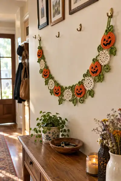 Jack-o-Lantern Faces Halloween Garland Pattern step 1 - construction progress