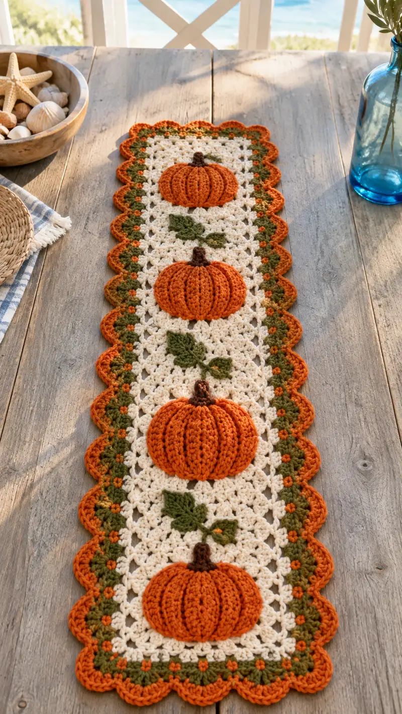 Autumn Pumpkin Table Runner Pattern crochet pattern - detailed view of completed project