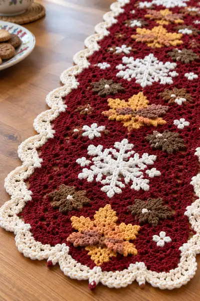 Autumn Leaves & Snowflake Table Runner Pattern step 2 - assembly progress