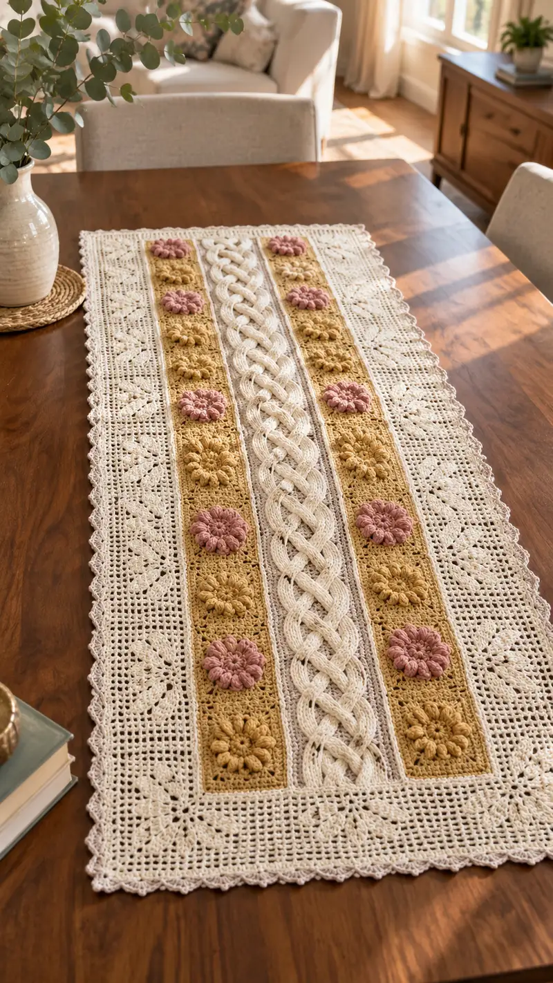 Braided Blossom Table Runner Pattern crochet pattern - detailed view of completed project