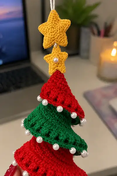 Spiral Layered Christmas Tree Ornament Pattern step 2 - assembly progress