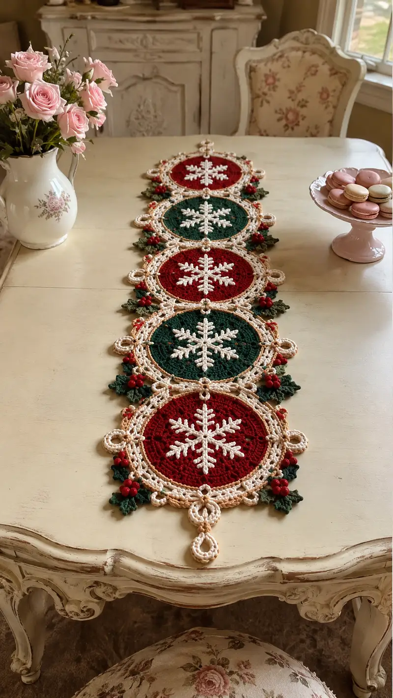 Red and Green Snowflake Table Runner Pattern crochet pattern - detailed view of completed project