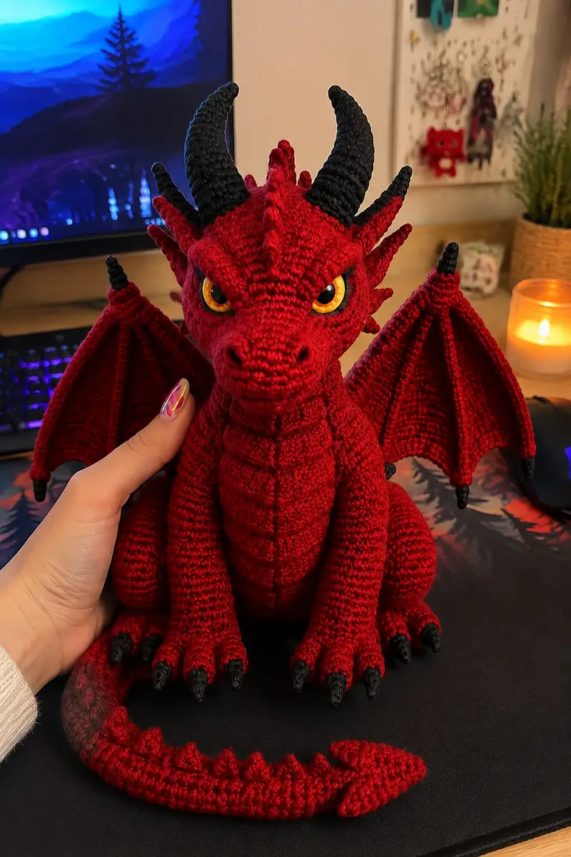 Crimson Demon Dragon Amigurumi Pattern crochet pattern - detailed view of completed project