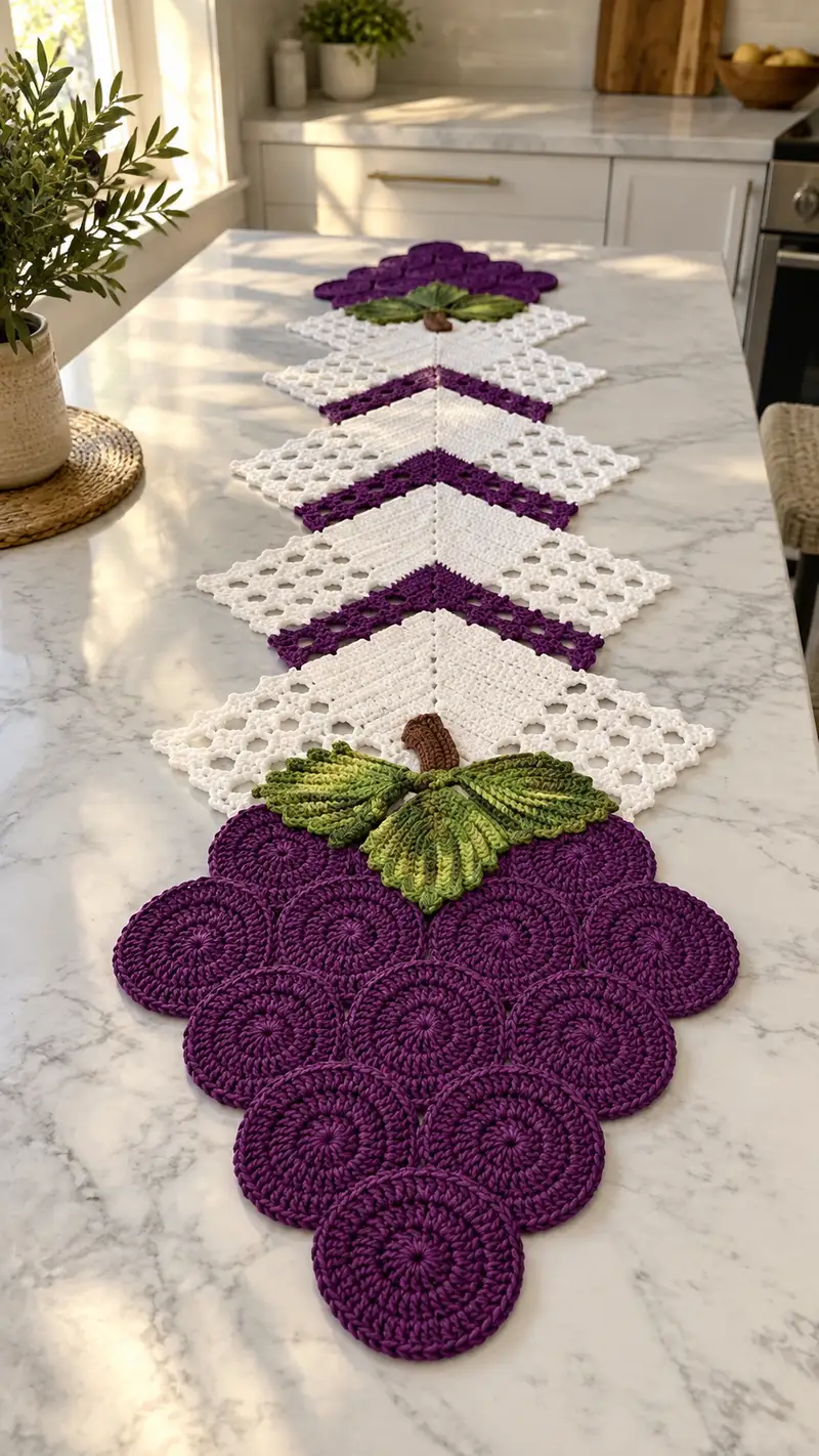 Grape & Lattice Table Runner Pattern crochet pattern - detailed view of completed project