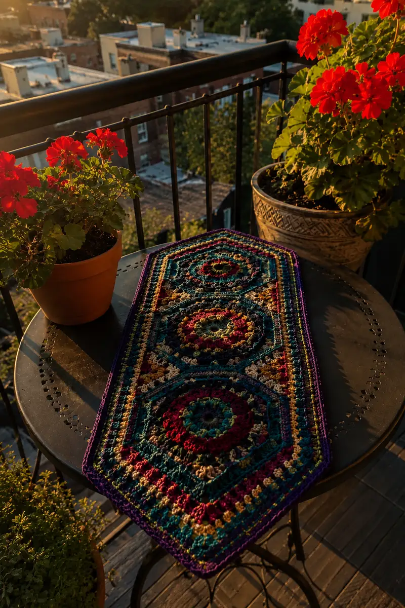 Geometric Mandala Table Runner in Jewel Tones Pattern crochet pattern - detailed view of completed project