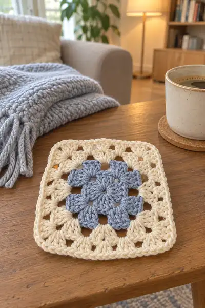 Cozy Blue and Cream Granny Square Pattern step 2 - assembly progress