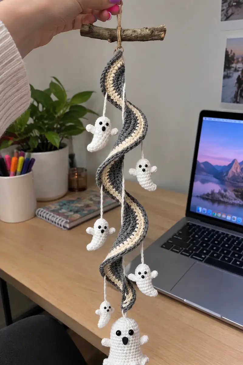 Spiral Ghost Garland Amigurumi Pattern crochet pattern - detailed view of completed project