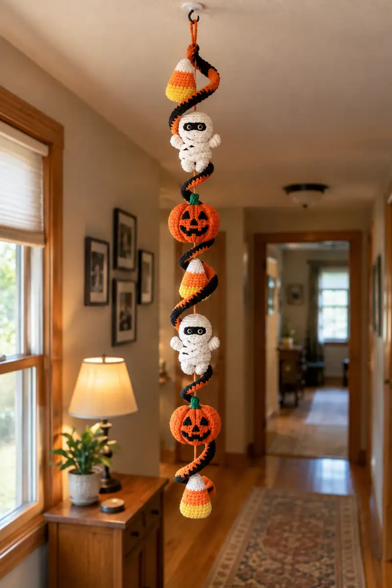 Halloween Spiral Garland with Candy Corn Mummy and Jack o Lantern Amigurumi Pattern crochet pattern - detailed view of completed project