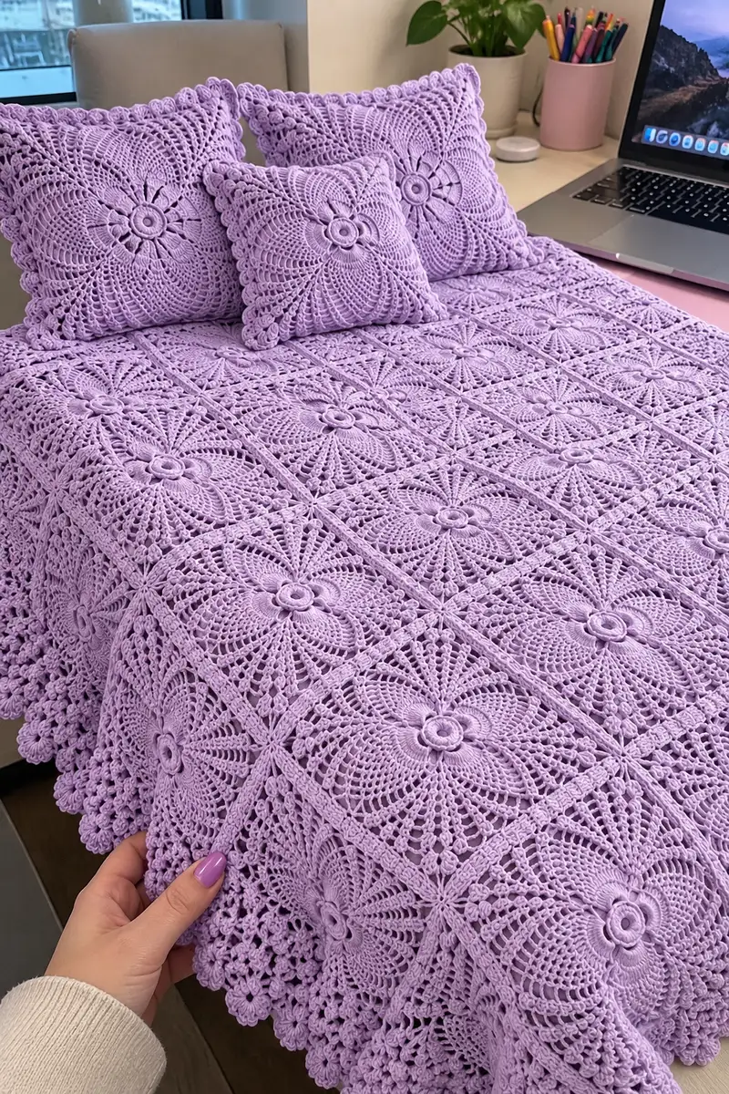 Serene Lavender Floral Square Bedspread Pattern crochet pattern - detailed view of completed project