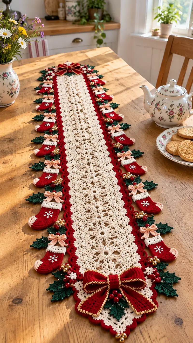 Festive Stocking-Edged Table Runner Pattern crochet pattern - detailed view of completed project