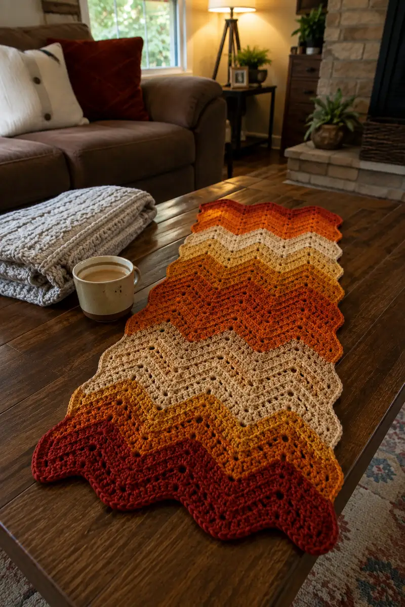 Autumn Ombre Ripple Table Runner Pattern crochet pattern - detailed view of completed project