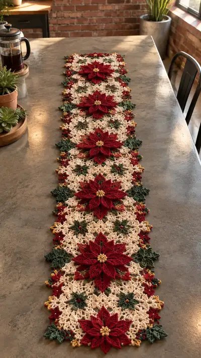 Red Poinsettia Cream Lace Table Runner Pattern step 1 - construction progress