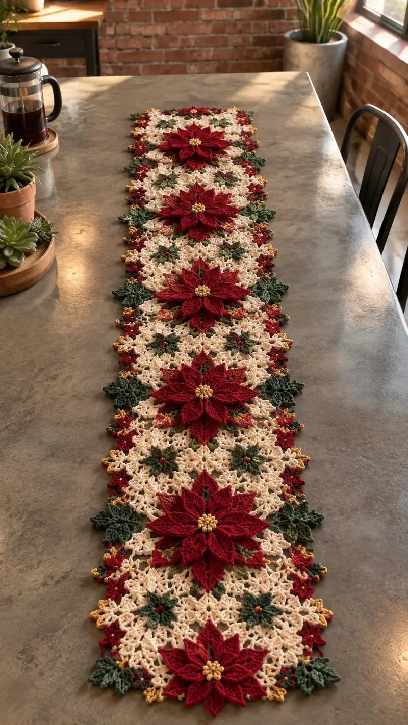 Red Poinsettia Cream Lace Table Runner Pattern crochet pattern - detailed view of completed project