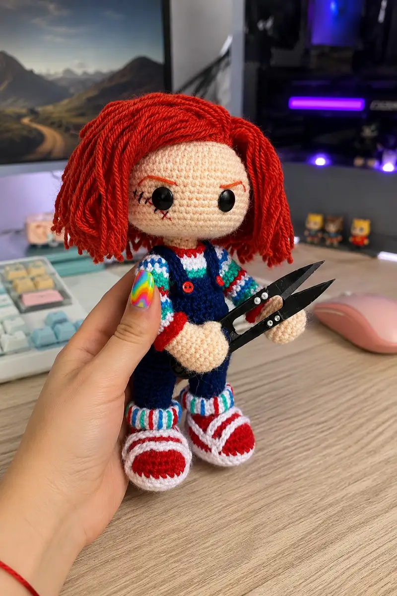 Scary Chucky Halloween Doll Amigurumi Pattern crochet pattern - detailed view of completed project