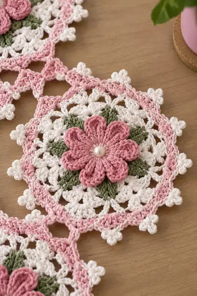 Pink Floral Hexagon Table Runner Pattern step 2 - assembly progress