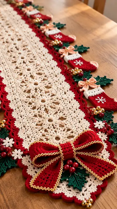 Festive Stocking-Edged Table Runner Pattern step 2 - assembly progress