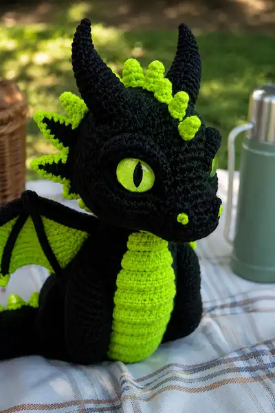 Spooky Neon Green Dragon Amigurumi Pattern step 2 - assembly progress