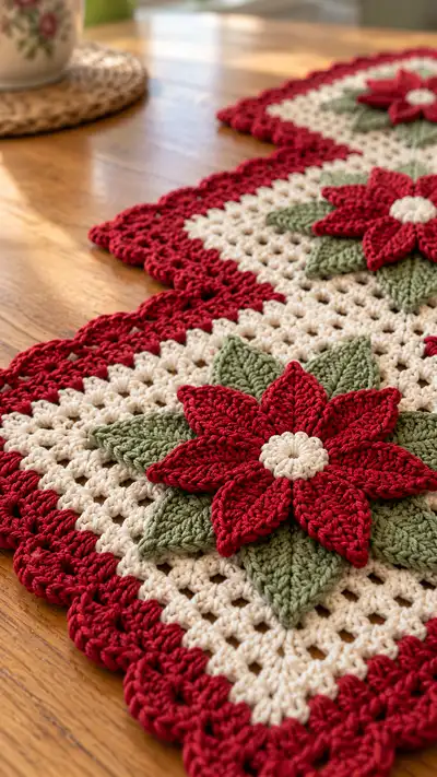 Poinsettia Squares Table Runner Pattern step 2 - assembly progress