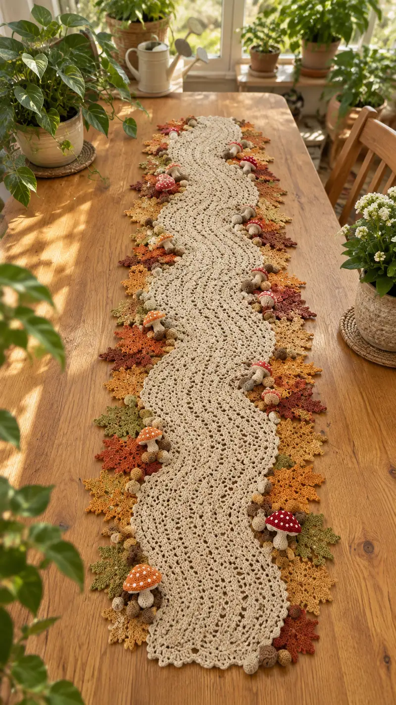 Autumn Woodland Table Runner Pattern crochet pattern - detailed view of completed project