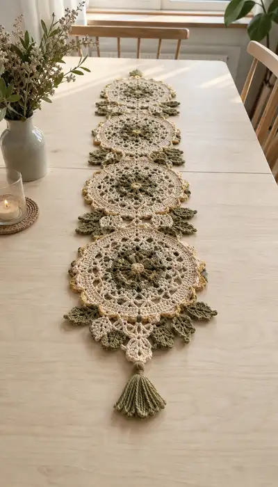 Cream and Olive Leaf Medallion Table Runner Pattern step 1 - construction progress