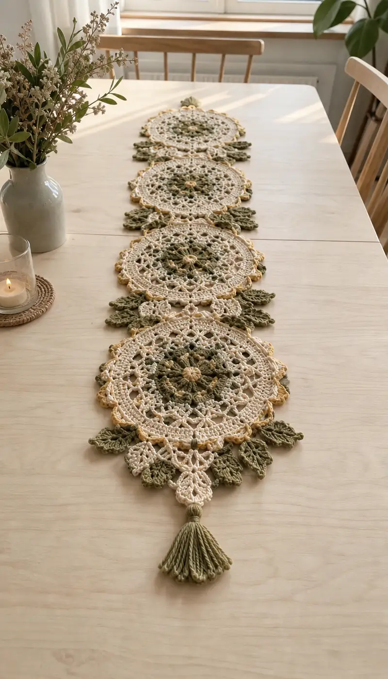 Cream and Olive Leaf Medallion Table Runner Pattern crochet pattern - detailed view of completed project