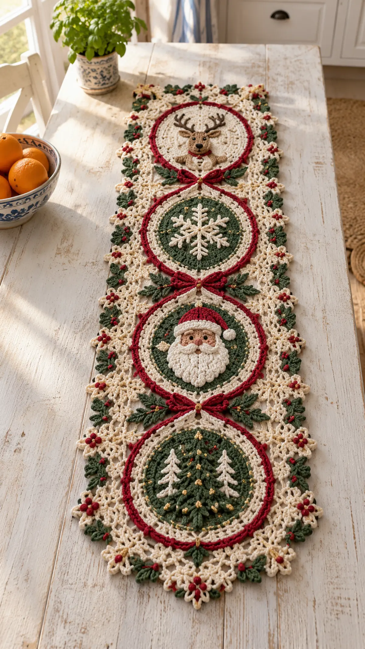 Ivory Forest Green Santa Reindeer Table Runner Pattern
