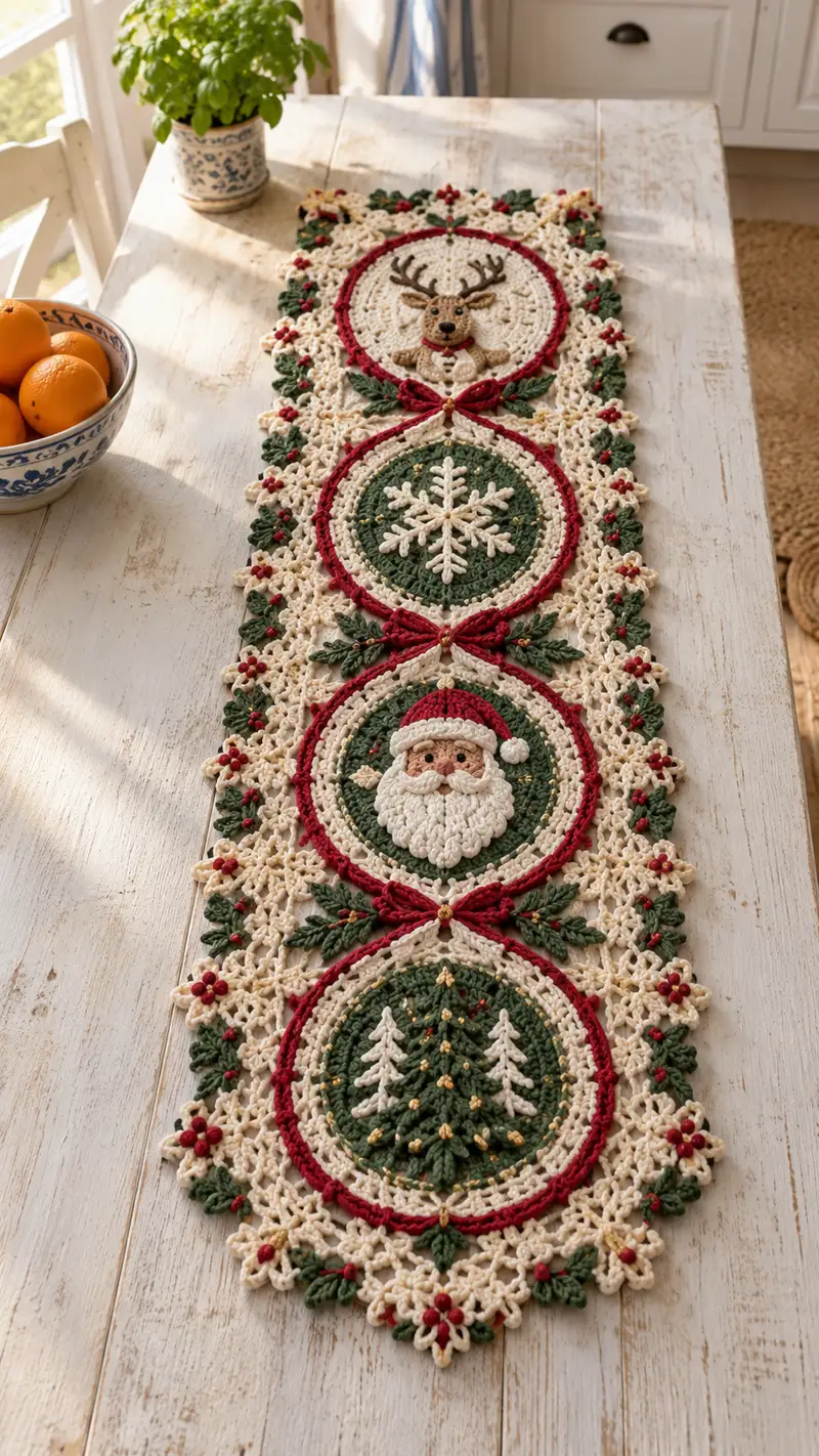 Ivory Forest Green Santa Reindeer Table Runner Pattern crochet pattern - detailed view of completed project