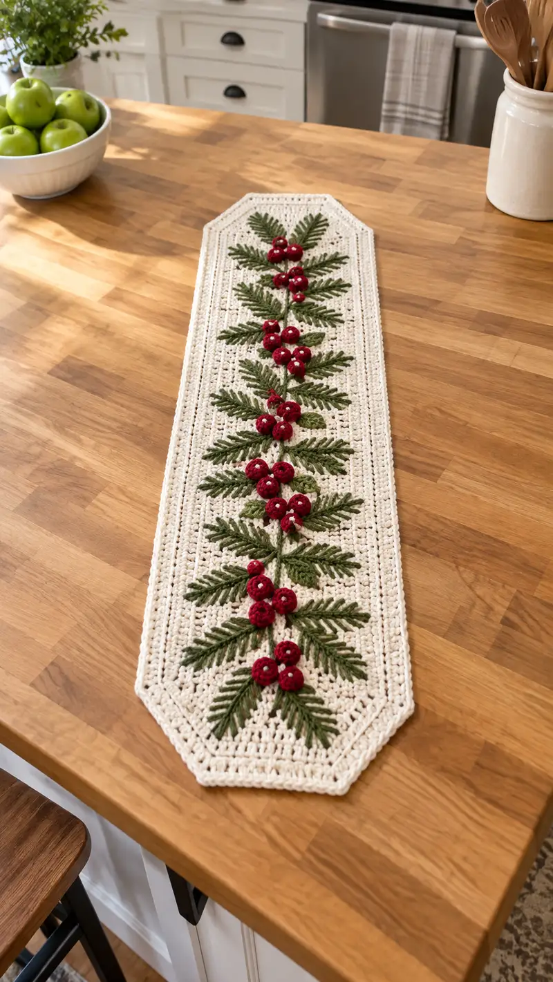 Festive Berry & Fern Table Runner Pattern crochet pattern - detailed view of completed project
