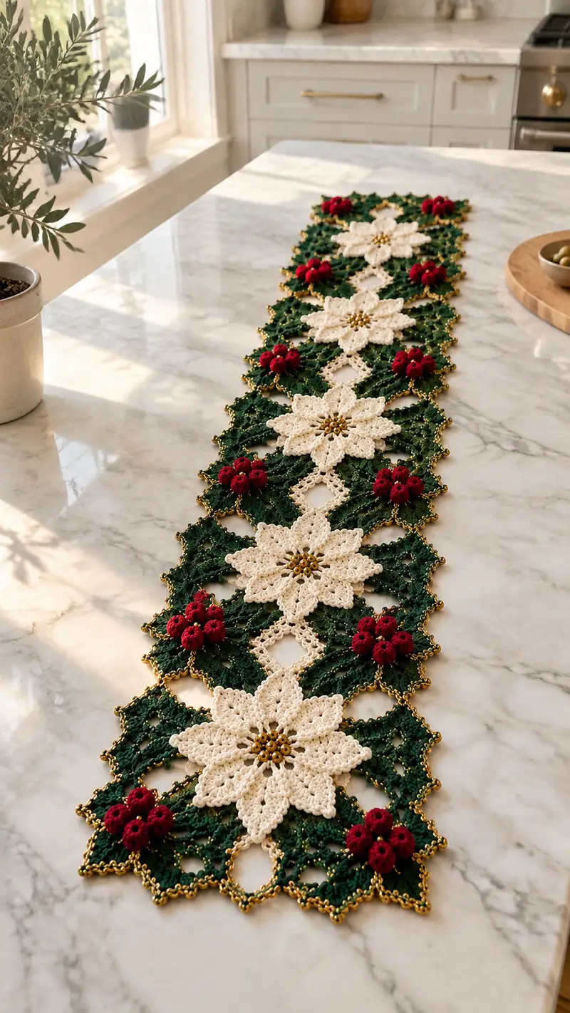 Poinsettia Lace Table Runner Pattern crochet pattern - detailed view of completed project