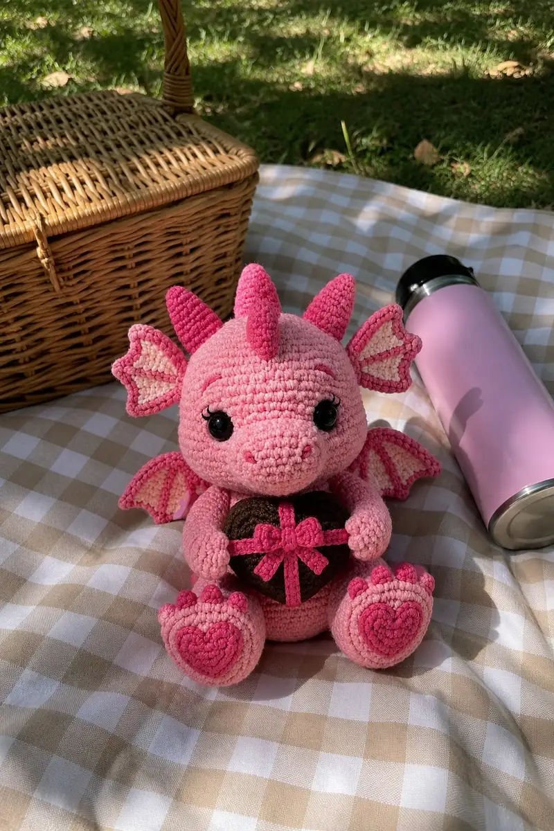 Big Candy Pink Love Dragon Holding a Chocolate Heart Box Amigurumi Pattern crochet pattern - detailed view of completed project