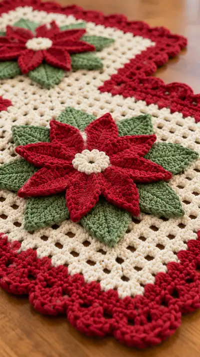 Festive Poinsettia Table Runner Pattern step 2 - assembly progress