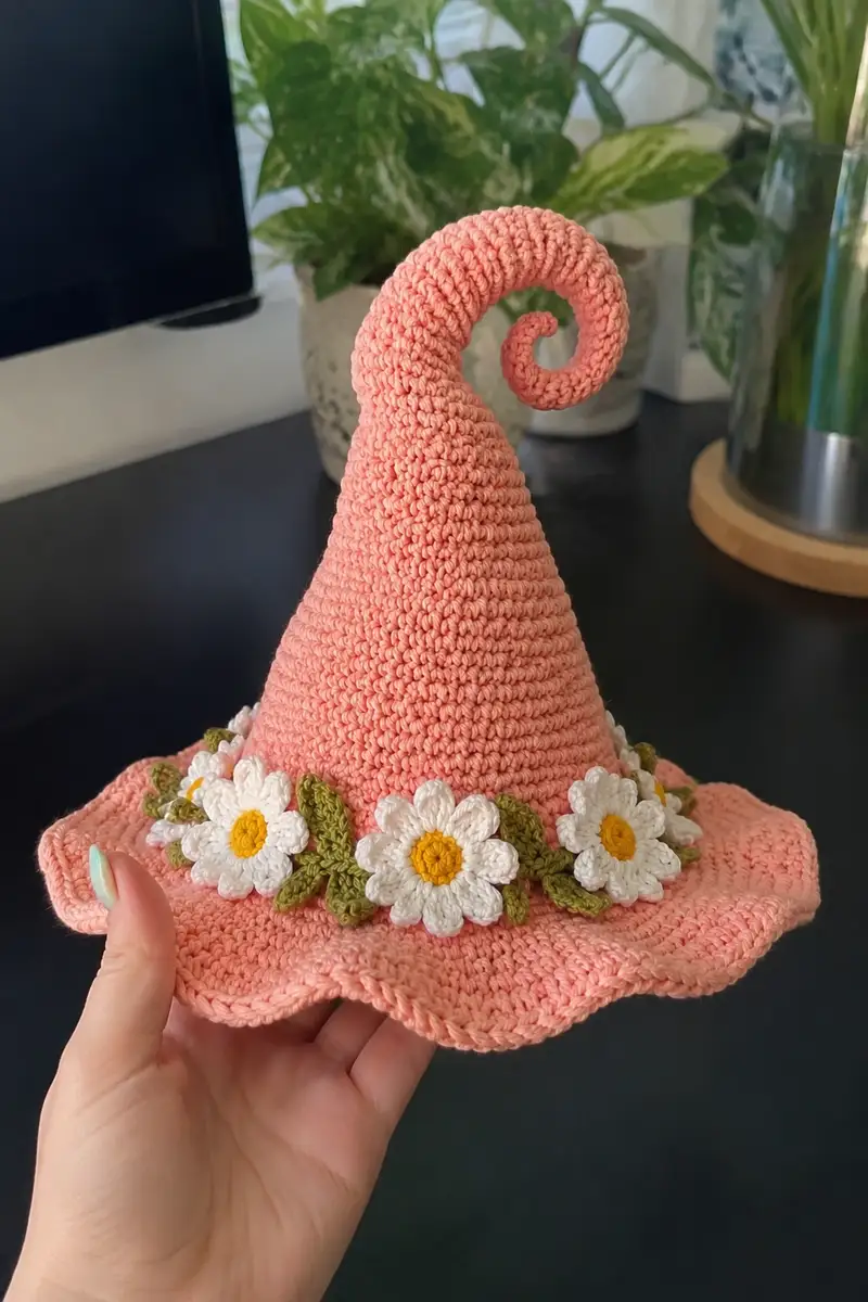 Big Peach Spiral Witch Hat with Daisies and Curled Tip Pattern crochet pattern - detailed view of completed project