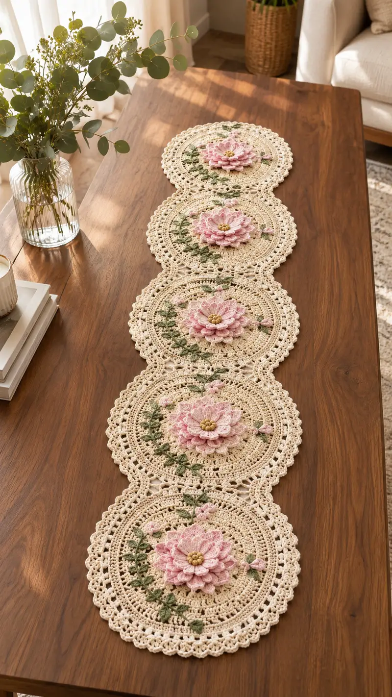 Elegant Floral Crochet Table Runner Pattern crochet pattern - detailed view of completed project