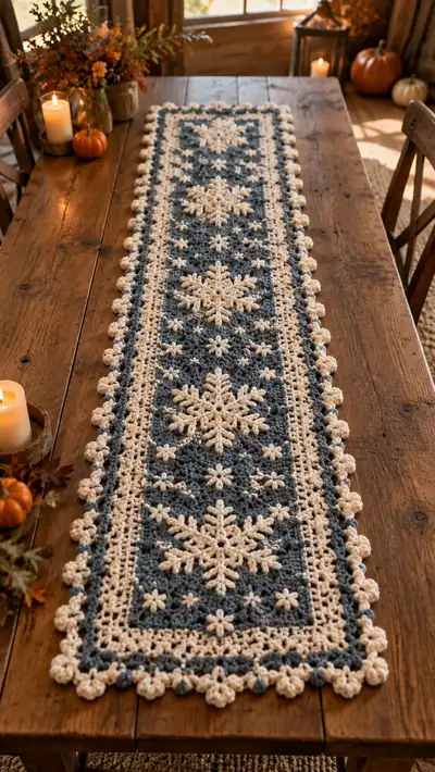 Cream Snowflake On Slate Blue Table Runner Pattern step 1 - construction progress