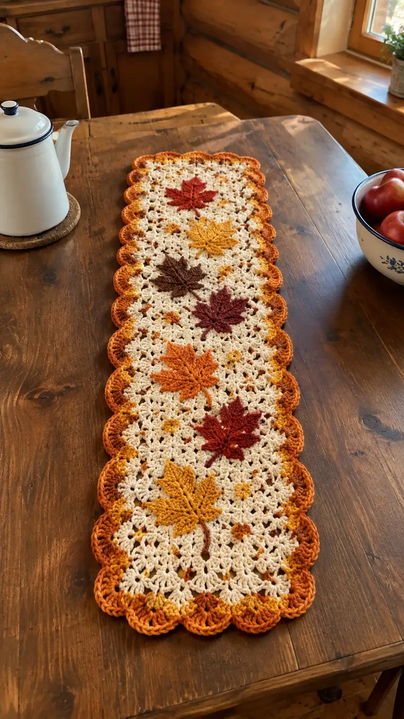 Autumn Leaves Table Runner Pattern crochet pattern - detailed view of completed project