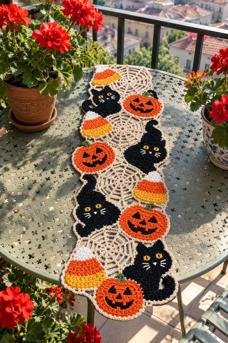 Candy Corn and Black Cat Halloween Table Runner Pattern crochet pattern - detailed view of completed project