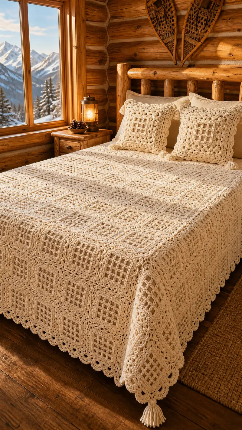 Cream Window-Lace Granny Bedspread Pattern crochet pattern - detailed view of completed project