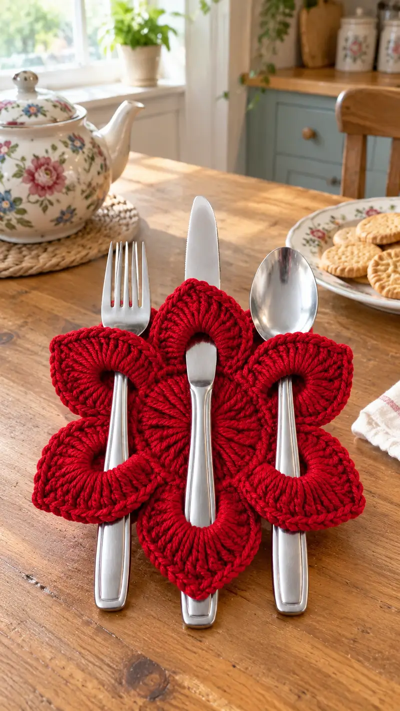 Festive Flower Flatware Holder Pattern crochet pattern - detailed view of completed project