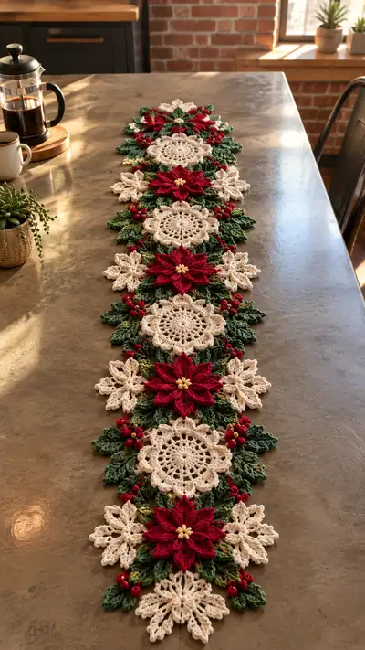 Red Poinsettia Cream Snowflake Table Runner Pattern step 1 - construction progress