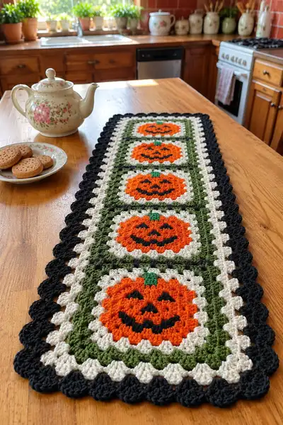 Jack O'Lantern Granny Square Table Runner Pattern step 1 - construction progress