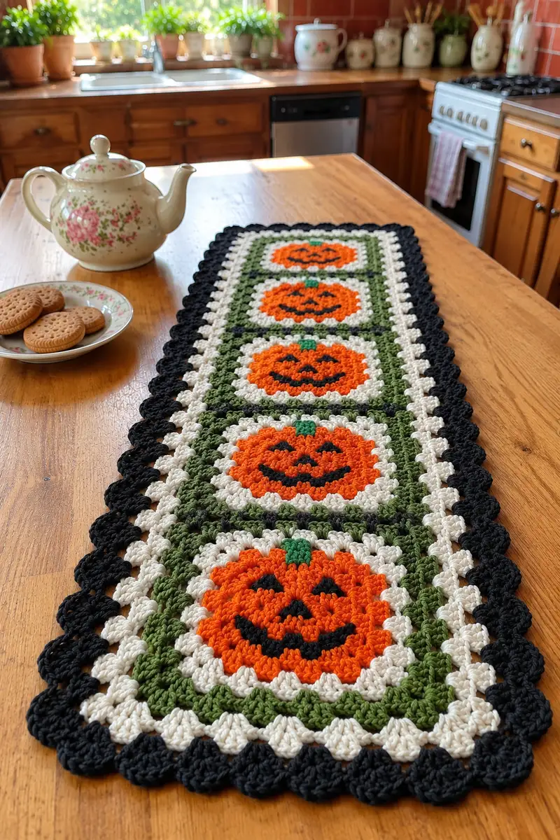Jack O'Lantern Granny Square Table Runner Pattern crochet pattern - detailed view of completed project