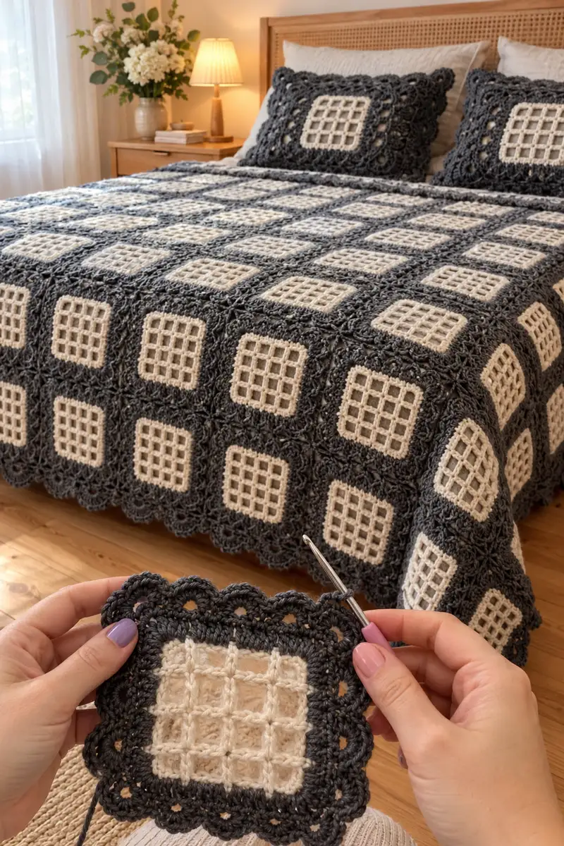Modern Rustic Bedspread Pattern crochet pattern - detailed view of completed project