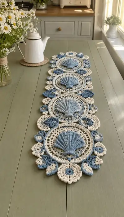 Blue Shell And Cream Lace Table Runner Pattern step 1 - construction progress