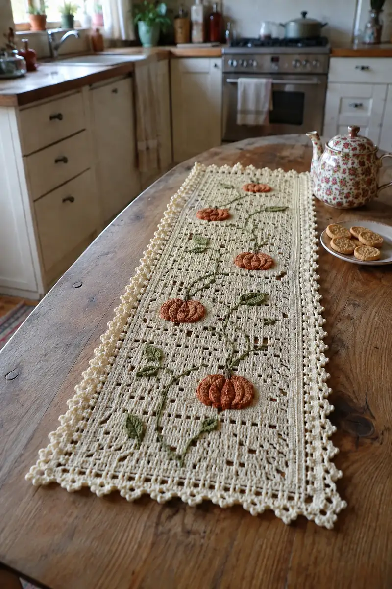 Ivory Pumpkin Vine Table Runner Pattern crochet pattern - detailed view of completed project