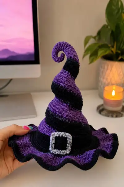Spiral Spooky Witch Hat Amigurumi Pattern step 1 - construction progress