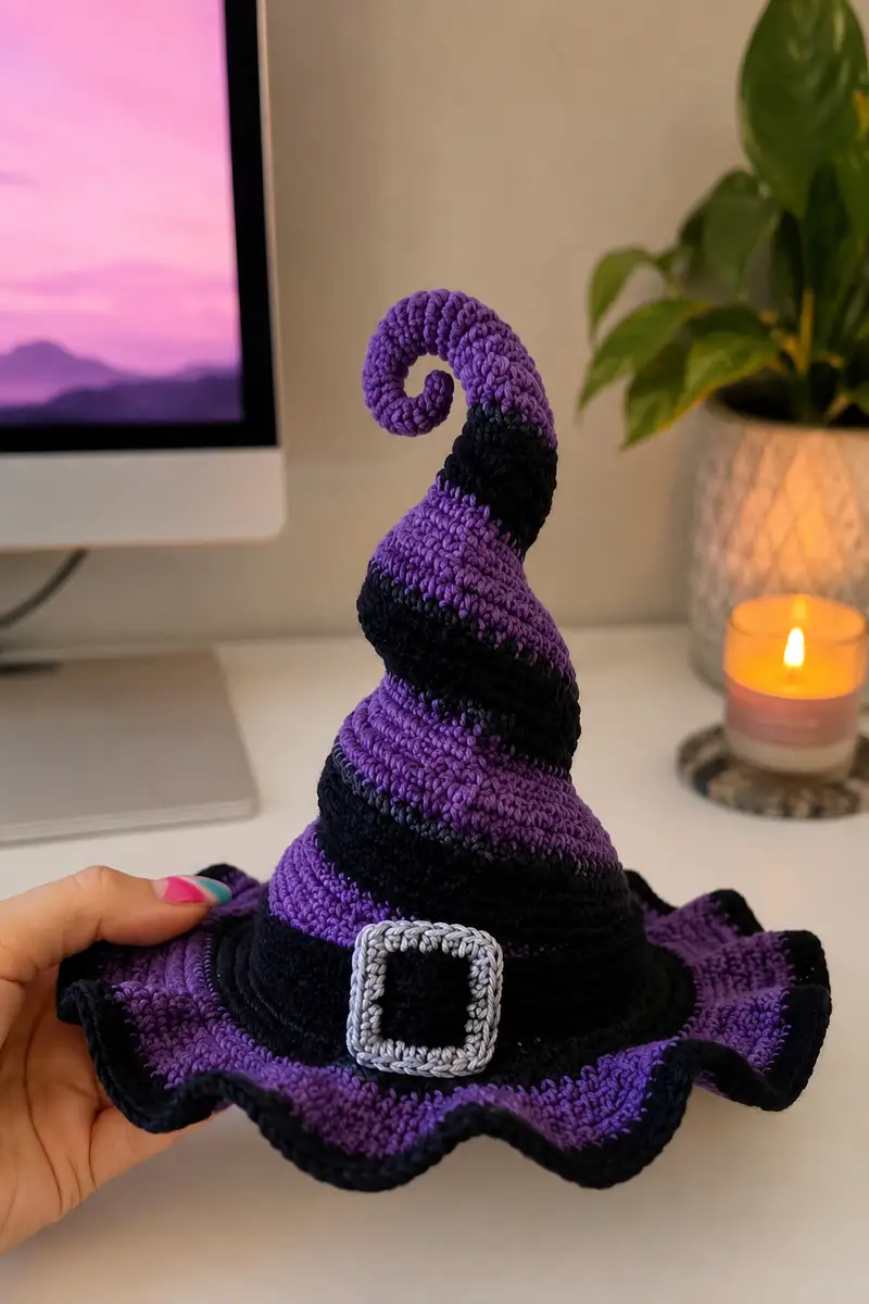Spiral Spooky Witch Hat Amigurumi Pattern crochet pattern - detailed view of completed project